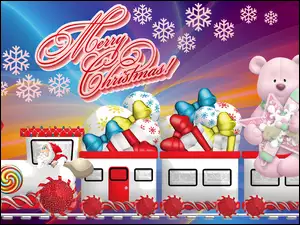 Życzenia świąteczne nad pociągiem z zabawkami w grafice
