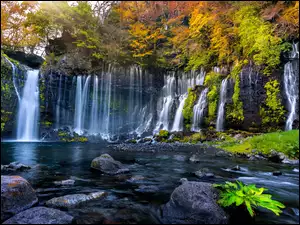 Shizuoka, Park Narodowy Fudżi Hakone Izu, Jesień, Japonia, Drzewa, Kamienie, Wodospad Shiraito