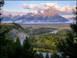Stany Zjednoczone, Rzeka, Snake River, Chmury, Góry, Park Narodowy Grand Teton, Las, Teton Range, Drzewa, Stan Wyoming