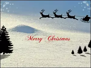 Graficzna kartka ze świątecznymi życzeniami i motyw Mikołaja z zaprzęgiem