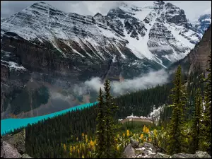 Kanada, SkaĹy, Park Narodowy Banff, Drzewa, Jezioro, GĂłry, Ĺnieg, Lake Louise, MgĹa, Alberta
