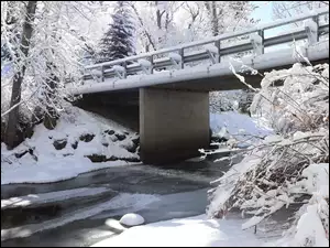 Ośnieżony most i drzewa nad zamarzniętą rzeką
