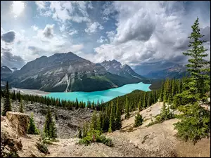 Kanada, Peyto, Park Narodowy Banff, Świerki, Prowincja Alberta, Góry, Chmury, Jezioro, Drzewa
