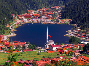 Meczet, Turcja, Jezioro, Drzewa, Prowincja Trabzon, Domy, Lasy, Caykara