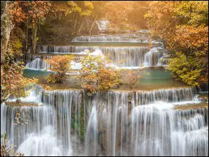 Prowincja, JesieĹ, Huay Mae Khamin Waterfalls, Kanchanaburi, Drzewa, Park Narodowy Khuean Srinagarindra, Tajlandia, Wodospad