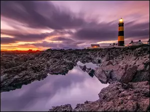 Latarnia morska, SkaĹy, ZachĂłd sĹoĹca, Irlandia, Saint Johns Point Lighthouse, Chmury
