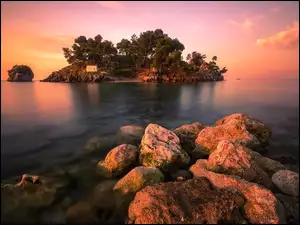 Wyspa, Morze, Kamienie, Grecja, Drzewa, WschĂłd sĹoĹca