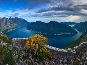 Czarnogóra, Mur, Chmury, Krzew, Rzeka, Zatoka Kotorska, Kwiaty, Góry, Kamienie, Niebo