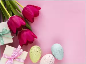 Kwiaty, Wielkanoc, Prezenty, Jajka, Tulipany, Wstążki