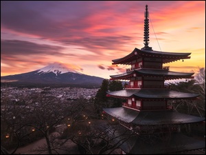 Japonia, Prefektura Yamanashi, ZachĂłd sĹoĹca, Miasto Fujiyoshida, Chureito Pagoda, ĹwiÄtynia, FudĹźi, GĂłra, Mount Fuji, Wyspa Honsiu