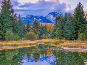 Chmury, Park Narodowy Grand Teton, Rzeka, Stan Wyoming, Góry Skaliste, Snake River, Stany Zjednoczone, Drzewa