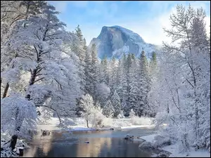 Zima, Kalifornia, Drzewa, Rzeka Merced River, Oszronione, Park Narodowy Yosemite, Góry Sierra Nevada, Stany Zjednoczone, Szczyt El Capitan