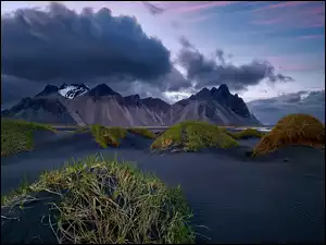 Morze, Islandia, Niebo, Góry, Wydmy