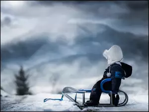 Dziecko na sankach w zimowym krajobrazie