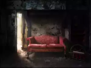 Sofa, Zaniedbane, Pomieszczenie, Czerwona