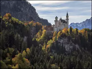 Neuschwanstein, Niemcy, Jesień, Góry, Zamek, Lasy
