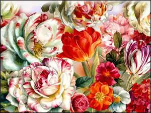 Tulipany, Grafika, Kolorowe, Kwiaty, Piwonie