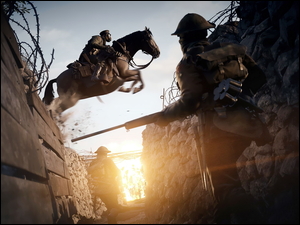 Żołnierz na koniu przeskakujący okop w grze Battlefield 1