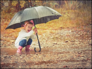 Dziewczynka, Dziecko, Deszcz, KaĹuĹźe, Parasol, Kalosze