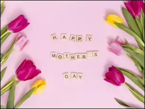 Dzień Matki, Wiosna, Happy Monters Day, Tulipany, Napis, Kwiaty