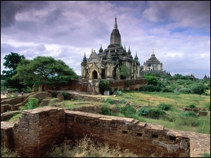 Ruiny, Trawa, Pagody, Myanmar, Drzewa