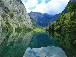 Jezioro Obersee, Odbicie, Niemcy, Góry, Bawaria, Park Narodowy Berchtesgaden, Drzewa
