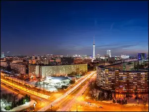 Domy, Wieża, Berlin, Panorama, Ulice, Noc