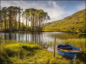 Łódka na brzegu jeziora z widokiem na góry i drzewa