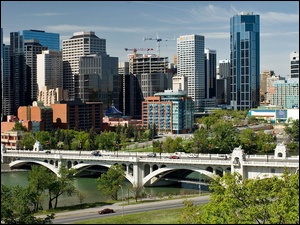 Calgary, Panorama, Bow, RoĹlinnoĹÄ, Rzeka, Most