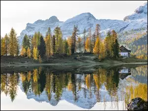 Jezioro, Odbicie, Dolomity, Góry, Jesień