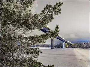 Zimowy krajobraz mostu nad rzeką i zaśnieżonych drzew