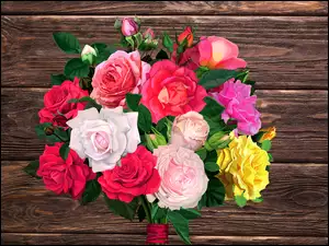 Bukiet kolorowych róż na deskach