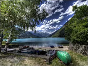 Jezioro, Szwajcaria, Góry, Łódki, Las