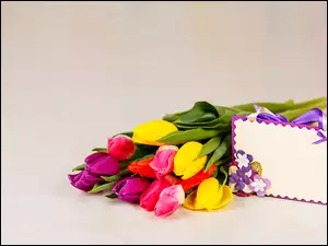 Karteczka obok bukietu tulipanów