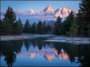 Stan Wyoming, Stany Zjednoczone, Rzeka Snake River, Drzewa, Park Narodowy Grand Teton, Góry Teton Range