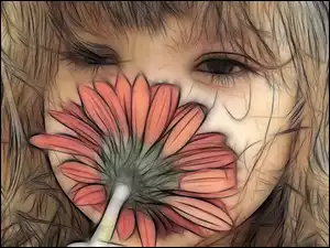 Dziewczynka wąchająca kwiat w grafice