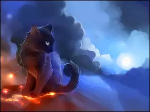Czarny kot w chmurach nocą