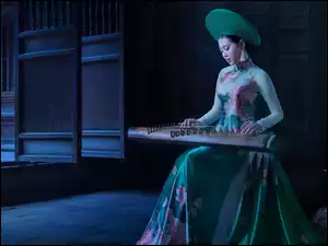 Azjatka, Zielona, Guzheng, Dziewczyna, Instrument, Kapelusz, Sukienka