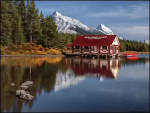 Kajaki Budowla, Drzewa, Lasy, Góry, Park Narodowy Jasper, Kanada, Jezioro, Prowincja Alberta, Maligne Lake, Przystań