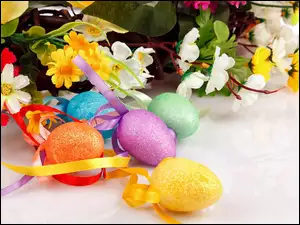 Jajka, Wstążki, Kolorowe, Wielkanoc, Kwiaty