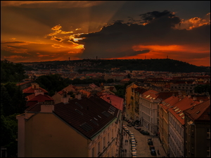 Domy, Czechy, Chmury, ZachĂłd sĹoĹca, Praga