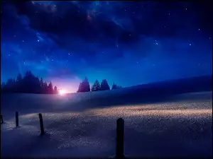 Niebo, Noc, Wzgórza, Zima, Gwiazdy, Drzewa