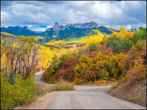 Stany Zjednoczone, Las, Kolorado, Chmury, Owl Creek Pass, Drzewa, Góry, Jesień, Droga