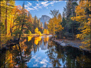 Rzeka Merced, Stany Zjednoczone, JesieĹ, Drzewa, Kalifornia, GĂłry, LiĹcie, Park Narodowy Yosemite