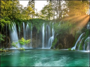 Park Narodowy Jezior Plitwickich, Wodospad, Drzewa, Chorwacja, Jezioro, RoĹliny