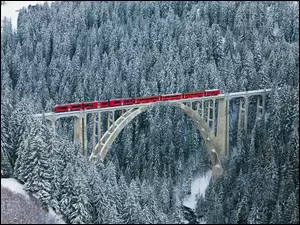 Most, Pociąg, Zima, Szwajcaria, Las, Śnieg
