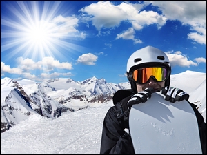 GĂłry, Snowboarding, Zima, MÄĹźczyzna, Chmury, Promienie sĹoĹca, Sport