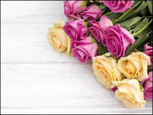 Żółte i różowe róże na deskach