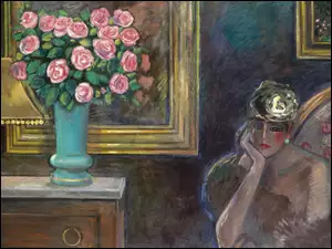 Kobieta i wazon z różami na obrazie Jean Pierre Cassigneul