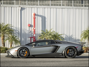 na drodze samochód Lamborghini w kolorze stalowym